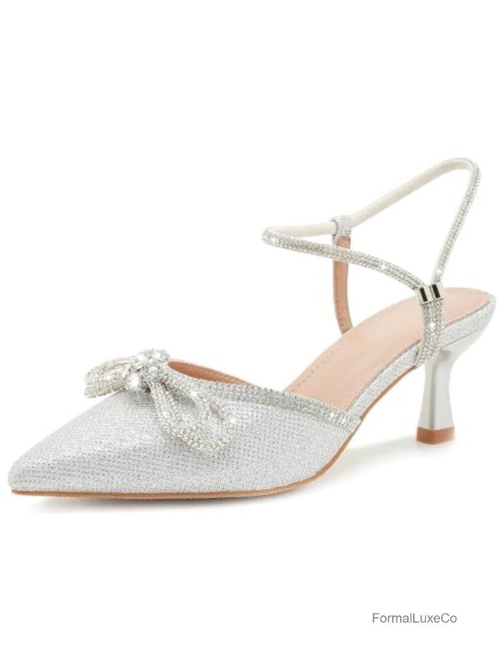 Rhinestone Bow Slingback Kitten Heel Pointed Toe Dress Pumps Formal